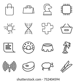 thin line icon set : shopping bag, chess horse, chip, dna, puzzle, remove from basket, list, donut, stadium, palm, wireless, steake, sheep, clothespin