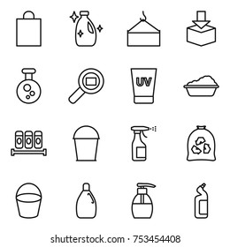thin line icon set : shopping bag, cleanser, loading crane, package, chemical, cargo search, uv cream, washing, spices, bucket, sprayer, garbage, liquid soap, toilet