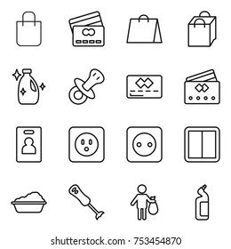 thin line icon set : shopping bag, credit card, cleanser, nipple, identity, power socket, switch, washing, blender, trash, toilet