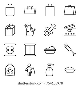 thin line icon set : shopping bag, cleanser, nipple, credit card, power socket, switch, washing, blender, garbage, trash, liquid soap, foam basin