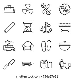 thin line icon set : shopping bag, nuclear, percent, ruler, sand clock, anchor, lounger, transfer, armchair, slippers, cauldron, chef knife, trailer, toilet paper, cleaning