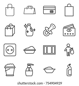 thin line icon set : shopping bag, credit card, cleanser, nipple, power socket, washing, window, trash, foam bucket, liquid soap, basin, toilet