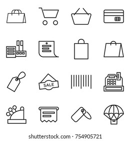 thin line icon set : shopping bag, cart, basket, credit card, store, list, label, sale, bar code, cashbox, atm receipt, parachute delivery