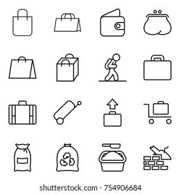 thin line icon set : shopping bag, wallet, purse, tourist, suitcase, baggage, trolley, flour, garbage, washing powder, construct