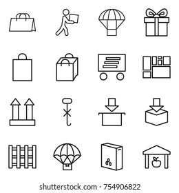 thin line icon set : shopping bag, courier, parachute, gift, delivery, consolidated cargo, top sign, do not hook, package, pallet, cereals, warehouse