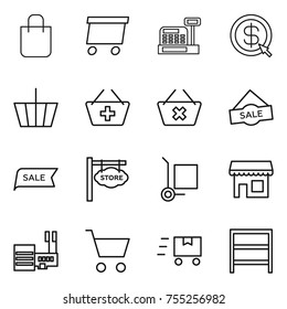 thin line icon set : shopping bag, delivery, cashbox, dollar arrow, basket, add to, delete cart, sale, store signboard, cargo stoller, shop, mall, fast deliver, rack