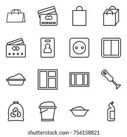Thin line icon set : shopping bag, credit card, identity, power socket, switch, washing, window, blender, garbage, foam bucket, basin, toilet cleanser