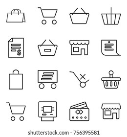 Thin line icon set : shopping bag, cart, basket, account balance, remove from, shop, list, delivery, do not trolley sign, atm, credit card
