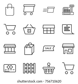 thin line icon set : shopping bag, delivery, cashbox, cart, delete, market, list, sale, shop, credit card, pallet, basket
