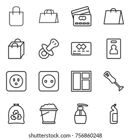 Thin line icon set : shopping bag, credit card, nipple, identity, power socket, window, blender, garbage, foam bucket, liquid soap, toilet cleanser