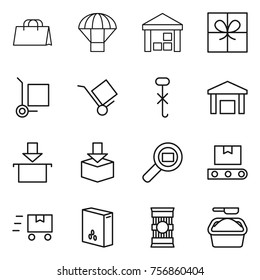 Thin line icon set : shopping bag, parachute, warehouse, gift, cargo stoller, trolley, do not hook sign, package, search, transporter tape, fast deliver, cereals, pasta, washing powder