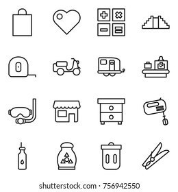 Thin line icon set : shopping bag, heart, calculator, pyramid, measuring tape, scooter shipping, trailer, baggage checking, diving mask, shop, nightstand, mixer, vegetable oil, fertilizer, trash bin