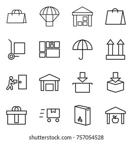 Thin line icon set : shopping bag, parachute, warehouse, cargo stoller, consolidated, dry, top sign, courier delivery, package, hi quality, fast deliver, cereals