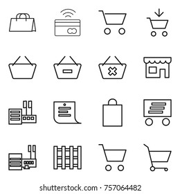 Thin line icon set : shopping bag, tap to pay, cart, add, basket, remove from, delete, shop, store, list, delivery, mall, pallet