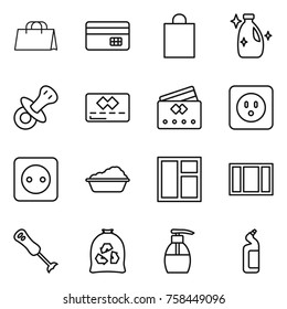 Thin line icon set : shopping bag, credit card, cleanser, nipple, power socket, washing, window, blender, garbage, liquid soap, toilet