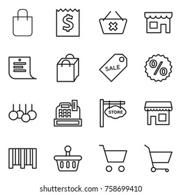 Thin line icon set : shopping bag, receipt, delete cart, shop, list, sale label, percent, cashbox, store signboard, bar code, basket