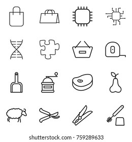 Thin line icon set : shopping bag, chip, dna, puzzle, remove from basket, measuring tape, scoop, hand mill, steake, pear, sheep, pruner, clothespin, toilet brush