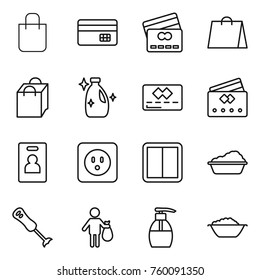 Thin line icon set : shopping bag, credit card, cleanser, identity, power socket, switch, washing, blender, trash, liquid soap, foam basin