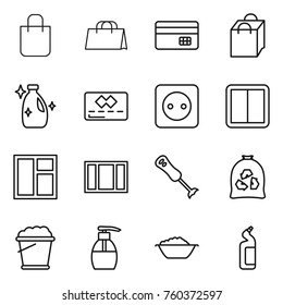 Thin line icon set : shopping bag, credit card, cleanser, power socket, switch, window, blender, garbage, foam bucket, liquid soap, basin, toilet