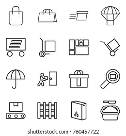 Thin line icon set : shopping bag, delivery, parachute, cargo stoller, consolidated, trolley, dry, courier, hi quality package, search, transporter tape, pallet, cereals, washing powder