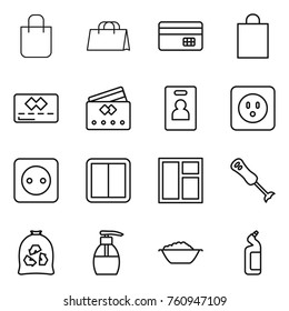 Thin line icon set : shopping bag, credit card, identity, power socket, switch, window, blender, garbage, liquid soap, foam basin, toilet cleanser