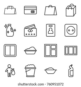 Thin line icon set : shopping bag, credit card, cleanser, identity, power socket, switch, washing, window, trash, foam bucket, basin, toilet