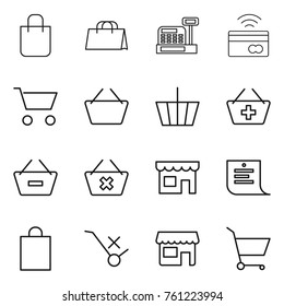 Thin line icon set : shopping bag, cashbox, tap to pay, cart, basket, add, remove from, delete, shop, list, do not trolley sign