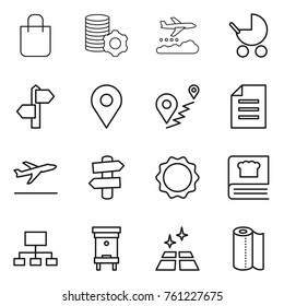 Thin line icon set : shopping bag, virtual mining, weather management, baby stroller, signpost, geo pin, route, document, departure, induction oven, cooking book, hierarchy, hive, clean floor