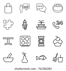Thin line icon set : shopping bag, presentation, discussion, smart bracelet, puzzle, spark plug, fountain, phone 24, table, hob, pasta, cupcake, mortar, pear, fish, bucket and broom