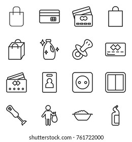 Thin line icon set : shopping bag, credit card, cleanser, nipple, identity, power socket, switch, blender, trash, foam basin, toilet