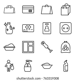 Thin line icon set : shopping bag, credit card, cleanser, identity, power socket, washing, window, blender, garbage, trash, liquid soap, foam basin, toilet