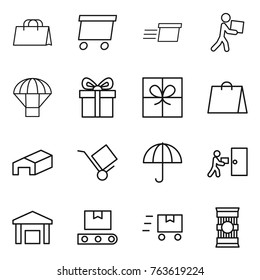 Thin line icon set : shopping bag, delivery, courier, parachute, gift, warehouse, trolley, dry cargo, transporter tape, fast deliver, pasta