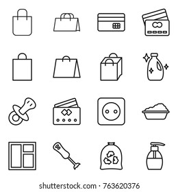 Thin line icon set : shopping bag, credit card, cleanser, nipple, power socket, washing, window, blender, garbage, liquid soap
