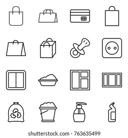 Thin line icon set : shopping bag, credit card, nipple, power socket, switch, washing, window, garbage, foam bucket, liquid soap, toilet cleanser