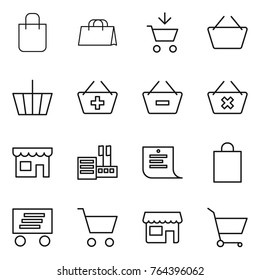 Thin line icon set : shopping bag, add to cart, basket, remove from, delete, shop, store, list, delivery
