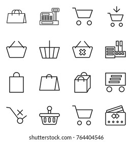 Thin line icon set : shopping bag, cashbox, cart, add to, basket, delete, store, delivery, do not trolley sign, credit card