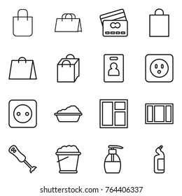 Thin line icon set : shopping bag, credit card, identity, power socket, washing, window, blender, foam bucket, liquid soap, toilet cleanser