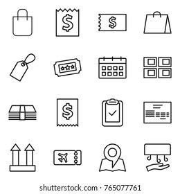 Thin line icon set : shopping bag, receipt, label, ticket, calendar, panel house, money, tax, clipboard check, invoice, cargo top sign, map, hand dryer