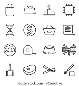 Thin line icon set : shopping bag, pedestal, chip, dna, dollar coin, remove from basket, list, donut, measuring tape, stadium, wireless, scoop, steake, pruner, toilet brush