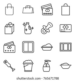 Thin line icon set : shopping bag, credit card, cleanser, nipple, power switch, washing, window, blender, foam bucket, liquid soap, basin
