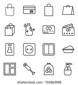 Thin line icon set : shopping bag, credit card, cleanser, identity, power socket, switch, washing, window, blender, garbage, liquid soap