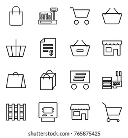 Thin line icon set : shopping bag, cashbox, cart, basket, account balance, remove from, shop, delivery, mall, pallet, atm