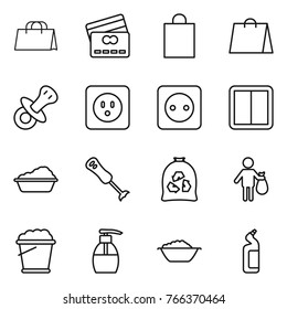 Thin line icon set : shopping bag, credit card, nipple, power socket, switch, washing, blender, garbage, trash, foam bucket, liquid soap, basin, toilet cleanser