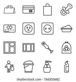 Thin line icon set : shopping bag, credit card, nipple, power socket, washing, window, blender, garbage, trash, foam bucket, liquid soap, toilet cleanser