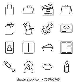 Thin line icon set : shopping bag, credit card, cleanser, nipple, identity, power switch, washing, window, blender, garbage, foam basin, toilet