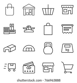 Thin line icon set : shopping bag, warehouse, basket, shop, store, scales, atm receipt, hangare, heavy, fast deliver, credit card, cart