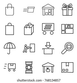 Thin line icon set : shopping bag, delivery, warehouse, gift, consolidated cargo, dry, courier, package, search, fast deliver, pasta