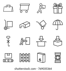 Thin line icon set : shopping bag, delivery, courier, gift, cargo stoller, warehouse, trolley, dry, do not hook sign, package, transporter tape, pallet, cereals, pasta