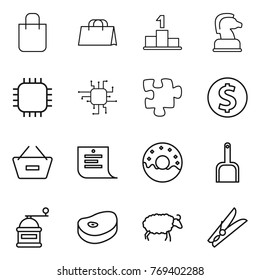 Thin line icon set : shopping bag, pedestal, chess horse, chip, puzzle, dollar coin, remove from basket, list, donut, scoop, hand mill, steake, sheep, clothespin
