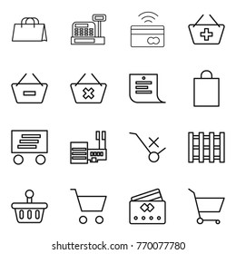 Thin line icon set : shopping bag, cashbox, tap to pay, add basket, remove from, delete cart, list, delivery, mall, do not trolley sign, pallet, credit card
